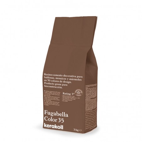 Bruine zak met het opschrift `Fugabella Color 35 kerakoll 3 kg`, met decoratieve hars-cementdetails in het Spaans voor tegels en