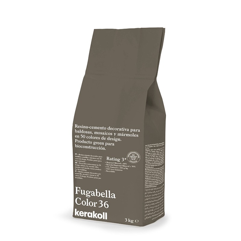 Un sac marron étiqueté « Fugabella Color 36 » de Kerakoll contient du ciment-résine décoratif, idéal pour les carreaux, les mosa