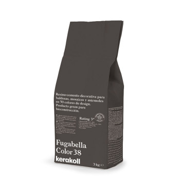 Ein dunkler Beutel mit der Aufschrift „Fugabella Color 38 kerakoll“ enthält dekorativen Harzzement für Fliesen, Mosaike und Marm