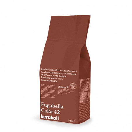 Een bruine zak met het opschrift `Fugabella Color 42, kerakoll` bevat harscement voor tegels. Tekst: `Beoordeling 3` en productd