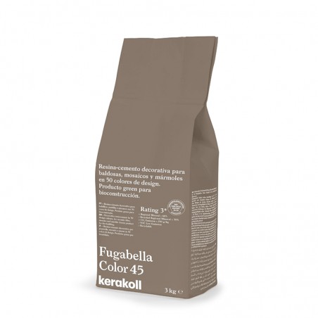 Un sac marron étiqueté « Fugabella Color 45 kerakoll » contient du ciment-résine pour carreaux décoratifs et mosaïques, offrant 