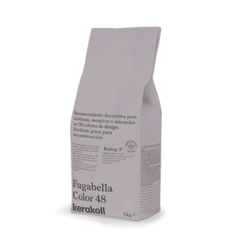 Auf dem Ständer steht eine Tasche mit der Aufschrift „Fugabella Color 48, kerakoll“, die für die Verwendung mit dekorativen Flie