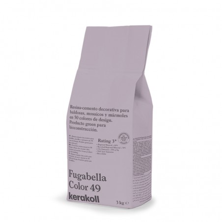 Saco com a etiqueta `Fugabella Color 49` contendo cimento-resina decorativo. O texto diz: `Resina-cemento decorativo para Azulej