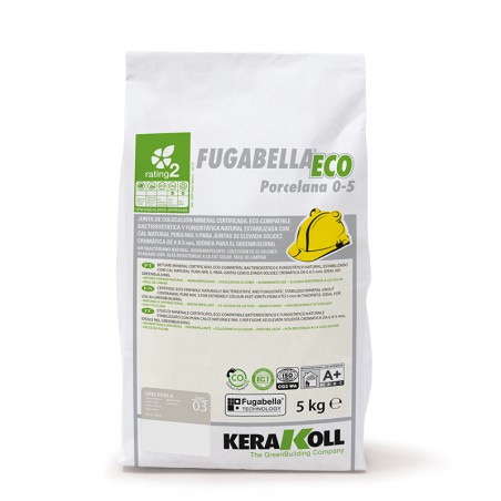 Una bolsa blanca con la etiqueta `Fugabella Eco Porcelana 0-5` de Kerakoll representa material de construcción ecológico, 5 kg.