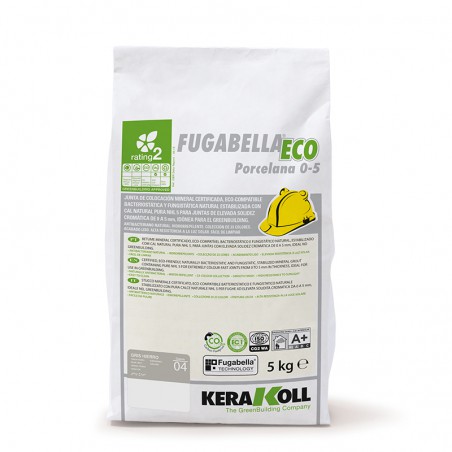 Bolsa con la etiqueta `Fugabella Eco Porcelana 0-5` que muestra información, advertencias y certificaciones sobre lechadas ecoló