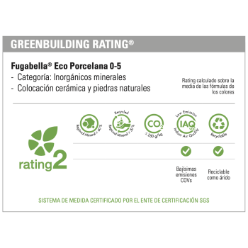 La etiqueta GREENBUILDING RATING muestra `Fugabella® Eco Porcelana 0-5`, enfatizando las bajas emisiones, la reciclabilidad y la